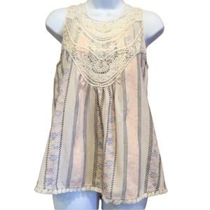 Blu Pepper Sleeveless Lace Bodice Striped Top with Lace Up Back